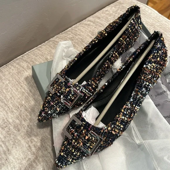 Pointed Toe Multicolor Navy Tweed Flats with Silver Buckle Size 38 #P01 - Picture 3 of 10